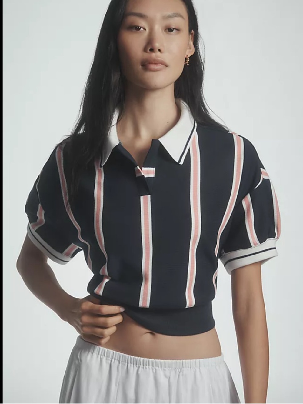 Maeve Sporty Polo Shirt XS Anthropologie Striped Cropped Knit Top Navy